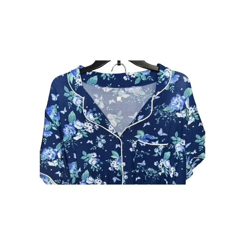 Croft Barrow 4X Pajamas Navy Blue Floral Crop Capri Pant Collar Button-Up Pocket